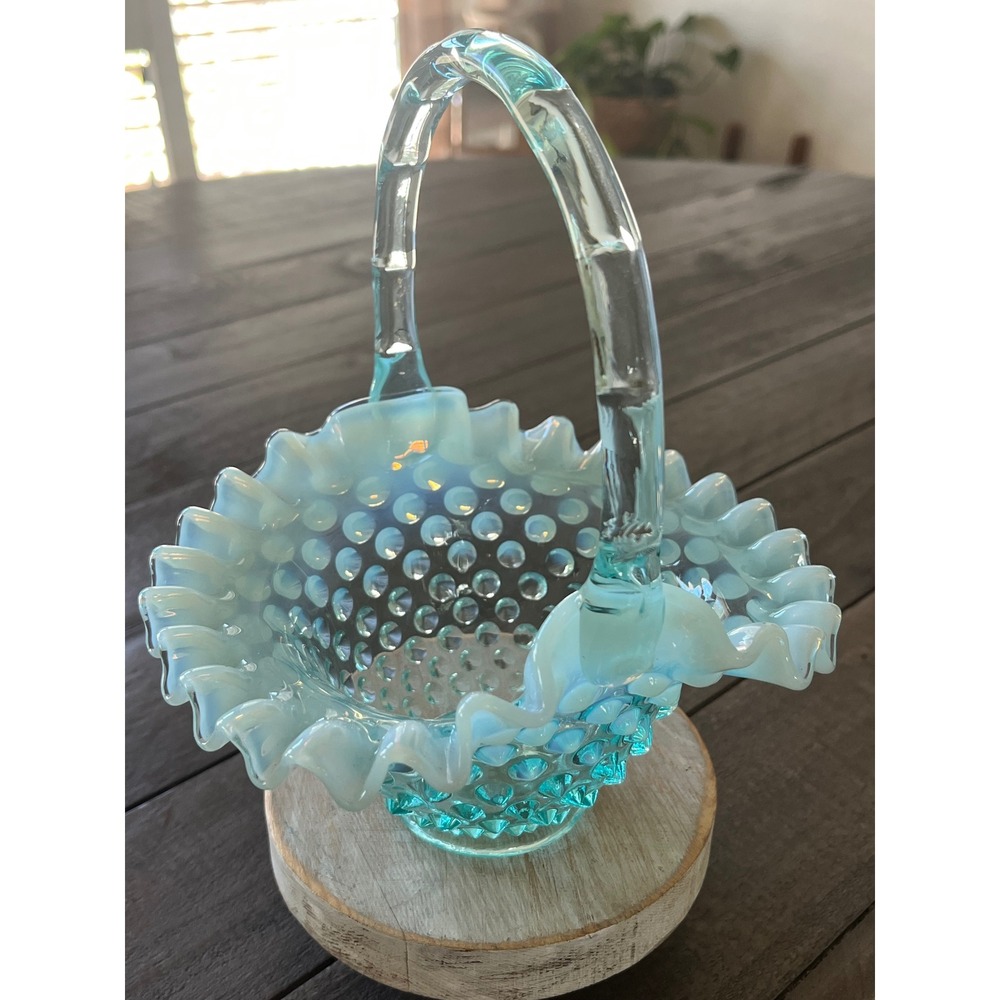 Fenton Turquoise Blue Opalescent Hobnail Glass Basket Ruffled Edge Vintage
